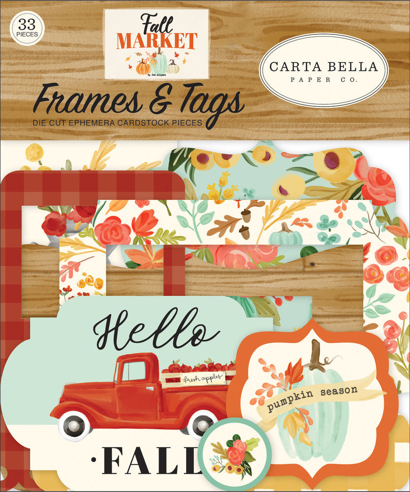 Fall Market Frames & Tags Die Cut Cardstock Pack. Pack includes 33 different die-cut shapes ready to embellish any project. Package size is 4.5" x 5.25"