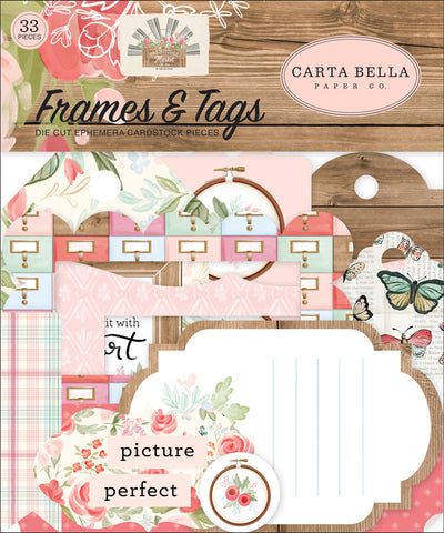 Farmhouse Market Frames & Tags Die Cut Cardstock Pack. Pack includes 33 different die-cut shapes ready to embellish any project. Package size is 4.5" x 5.25"