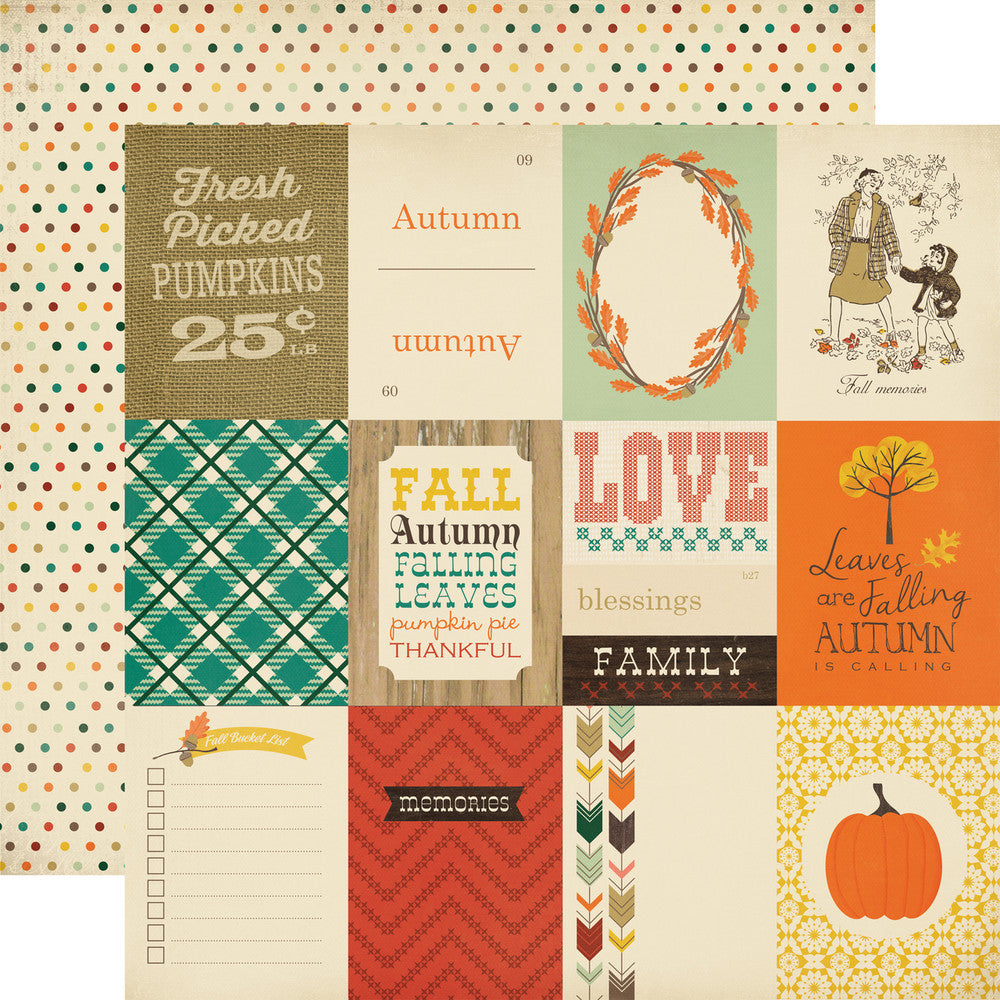 (Side A - 3X4 fall journaling cards, Side B - multi-colored polka-dots on a cream background)