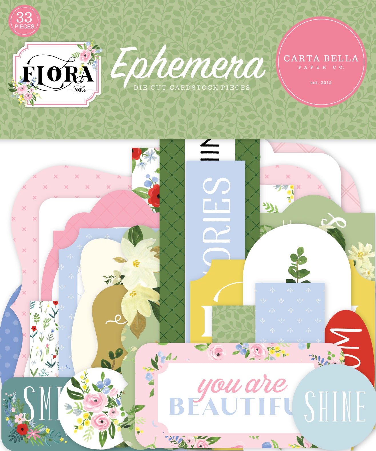 Flora No. 4 Ephemera Die Cut Cardstock Pack.  Pack includes 33 different die-cut shapes ready to embellish any project.