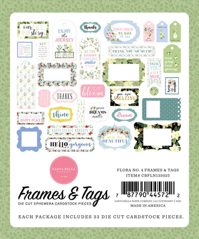Flora No. 4 Frames & Tags Die Cut Cardstock Pack.  Pack includes 33 different die-cut shapes ready to embellish any project.