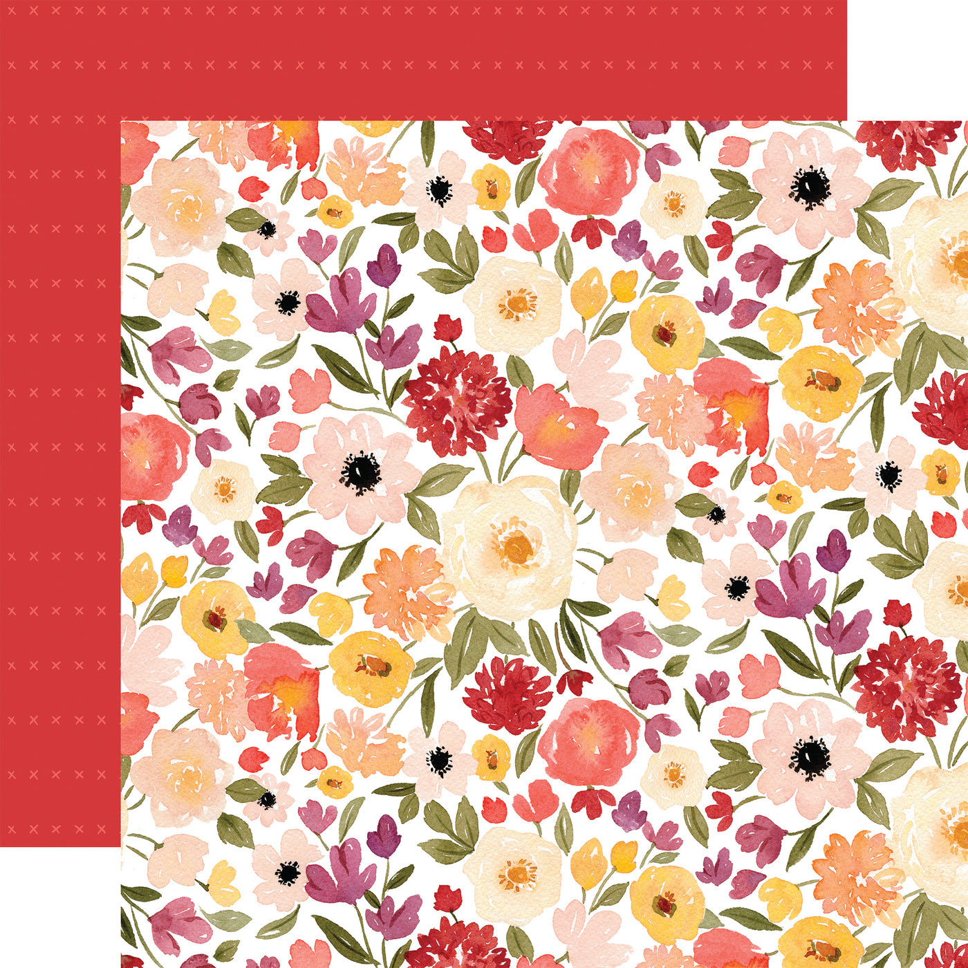 The front side of this paper has a beautiful floral pattern in shades of pink, maroon, yellow, and green. The reverse side is red with horizontal rows of x's. 