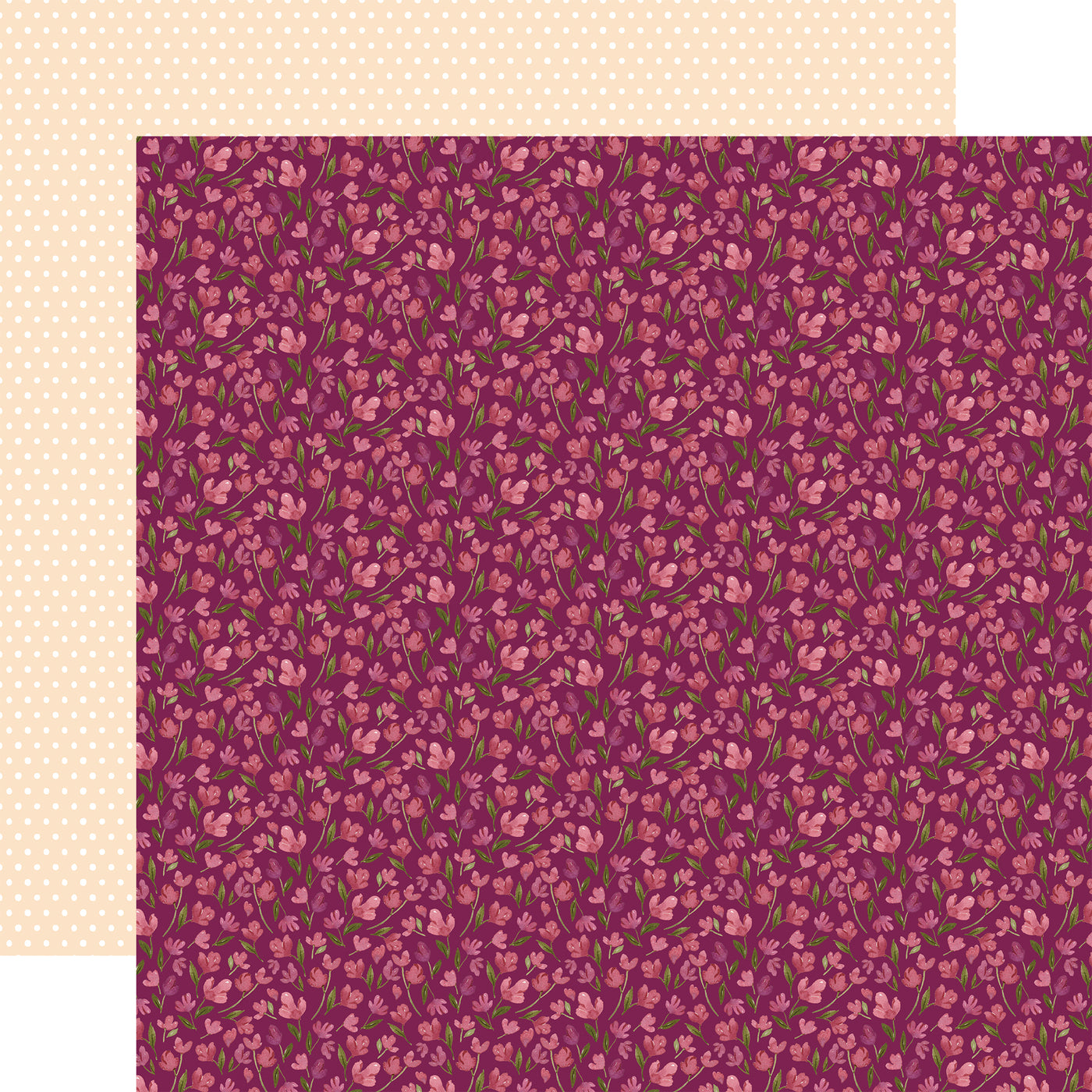 The front side of this paper has a beautiful floral pattern in shades of pink and maroon. The reverse side is a light pink color with a white Swiss dot pattern. 