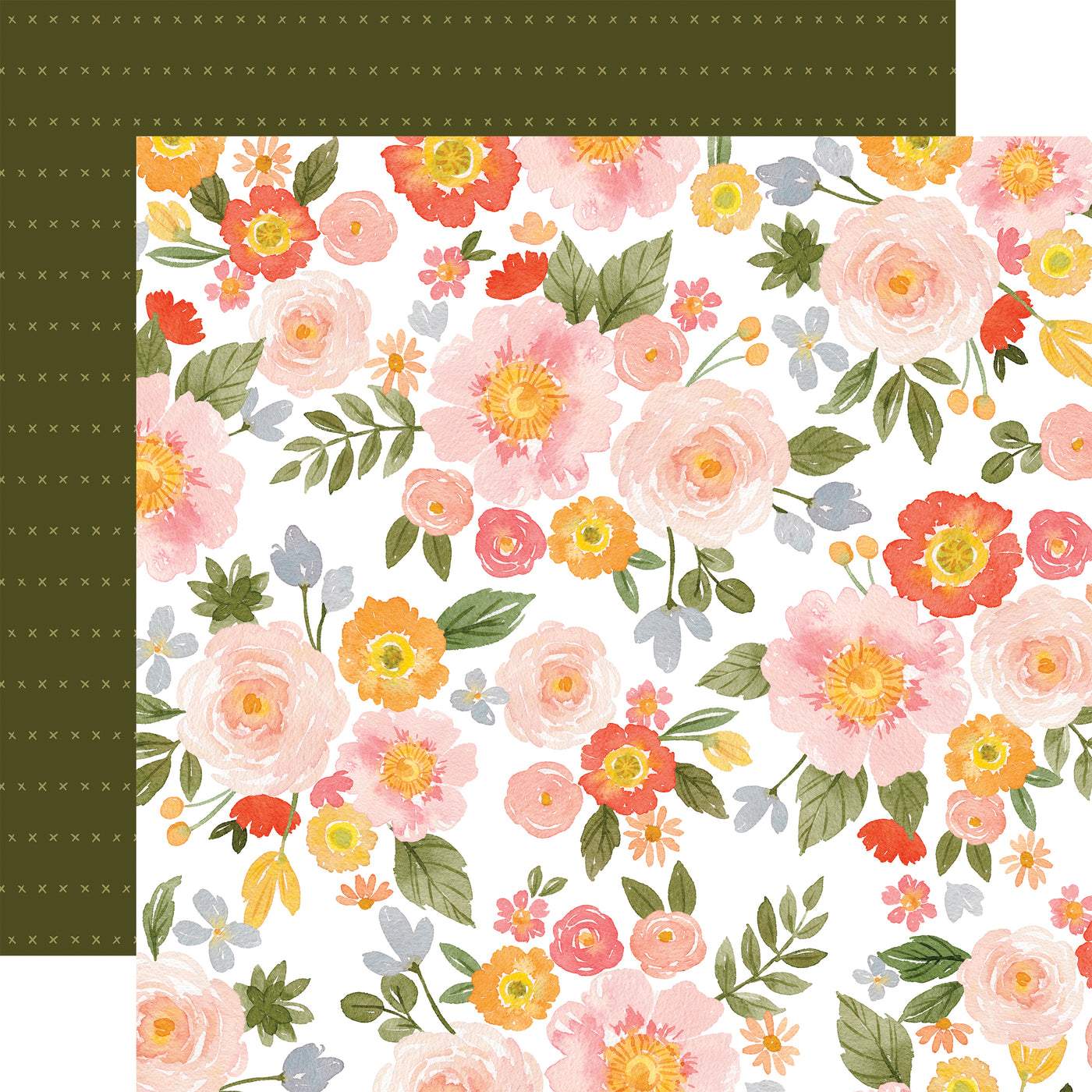 The front side of this paper has a beautiful floral pattern in shades of pink, maroon, yellow, and periwinkle. The reverse side is green with horizontal rows of x's.
