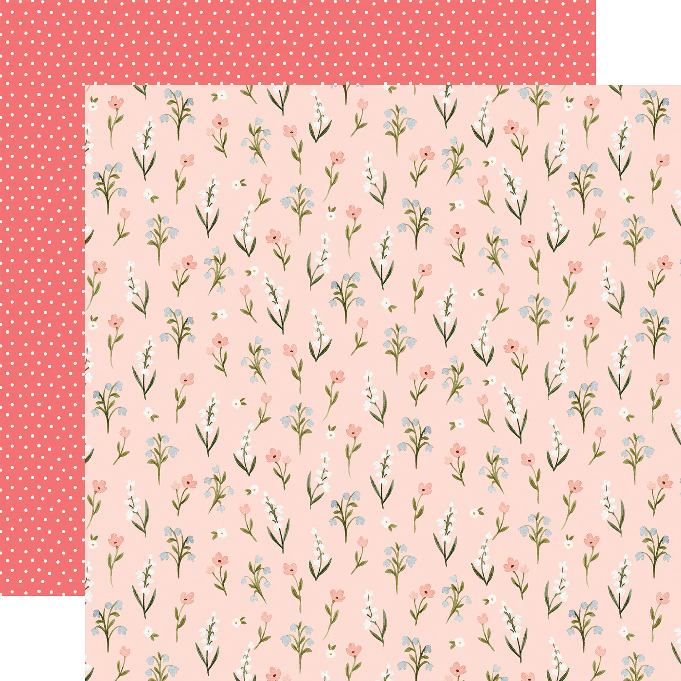 The front side of this paper has a beautiful floral pattern in shades of pink, white, and periwinkle. The reverse side is pink with a dotted pattern. 