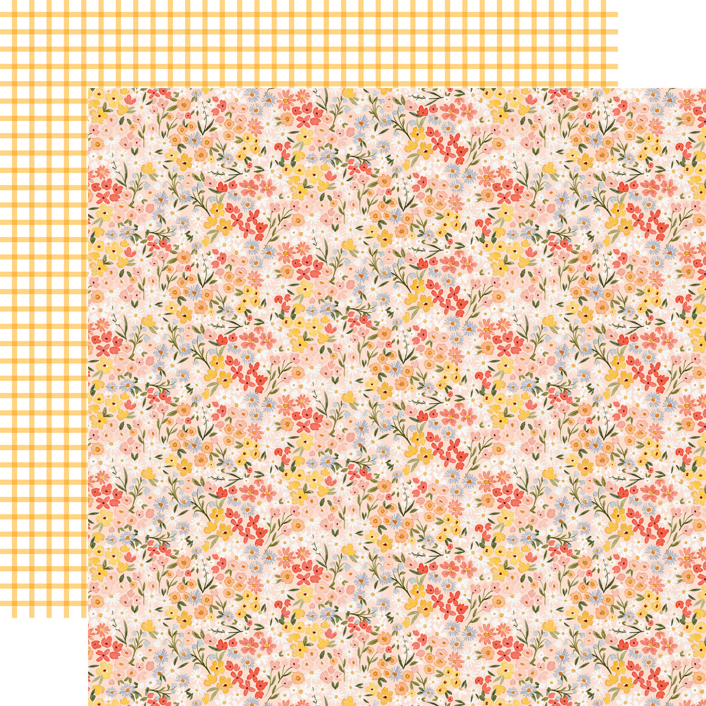  The front side of this paper has a beautiful small floral pattern in shades of pink, maroon, yellow, and periwinkle. The reverse side is a yellow grid pattern. 