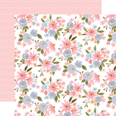 The front side of this paper has a beautiful floral pattern in shades of pink, yellow, and periwinkle. The reverse side is light pink with horizontal rows of x's. 