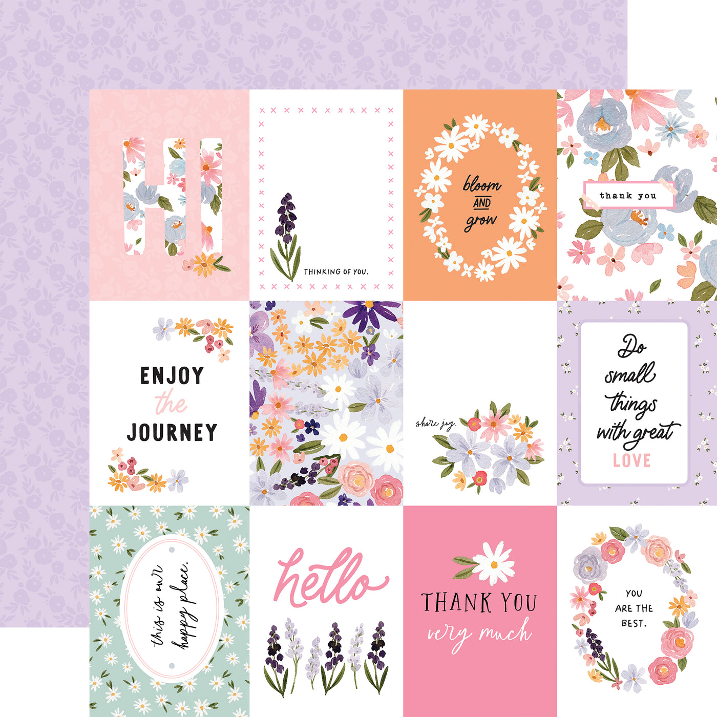 The front side of this paper has 12 journaling cards with floral patterns in shades of pink, purple, yellow, and mint green. The reverse side is purple with small flowers throughout. 