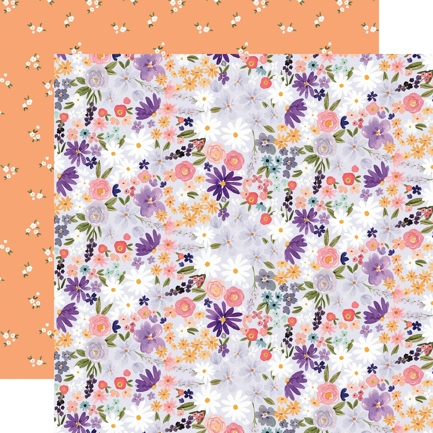 The front side of this paper has a beautiful small floral pattern in shades of pink and purple. The reverse side is a dark peach color with a small white floral pattern.
