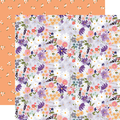 The front side of this paper has a beautiful small floral pattern in shades of pink and purple. The reverse side is a dark peach color with a small white floral pattern.