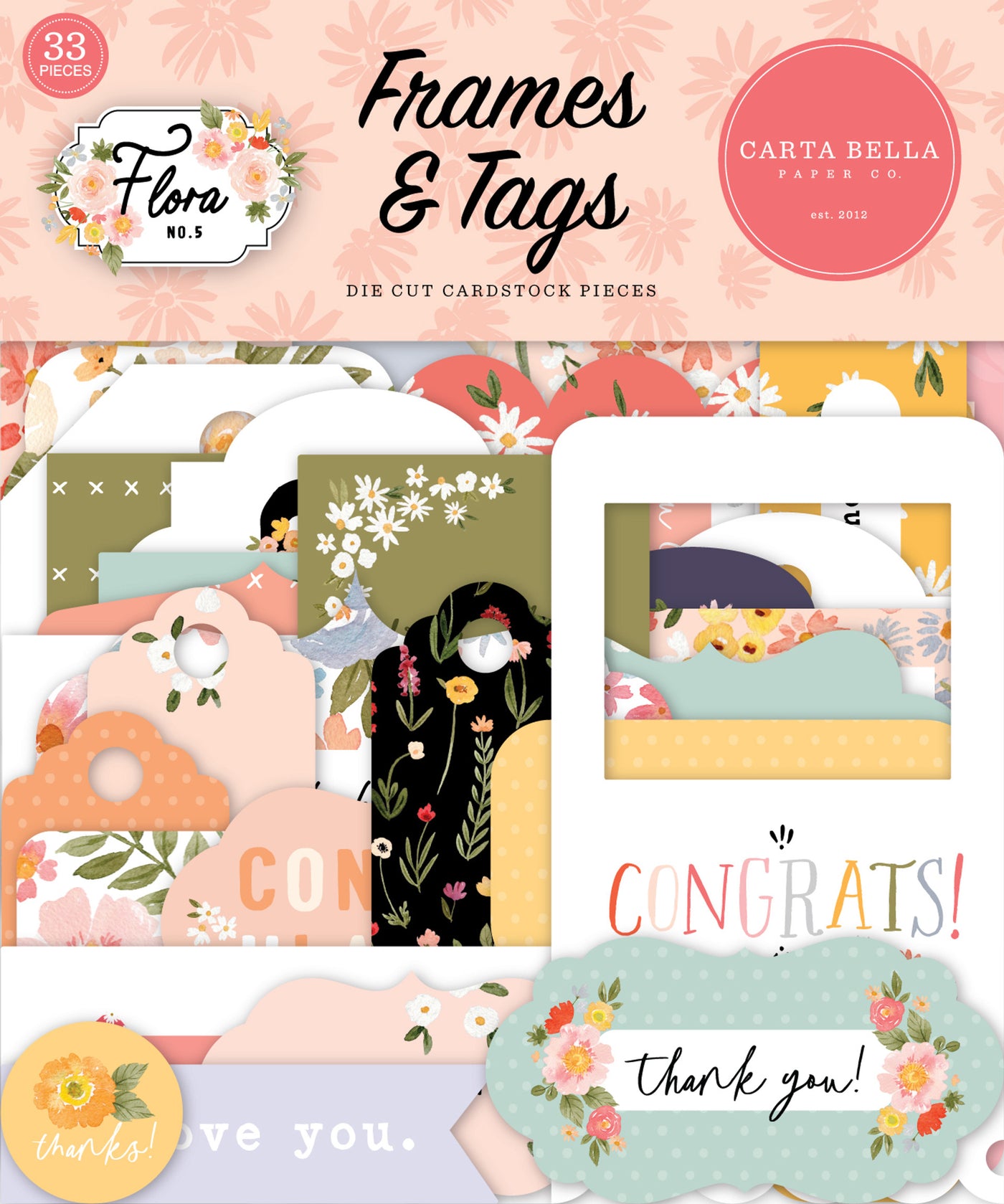 Flora No. 5 Frames & Tags Die Cut Cardstock Pack. Pack includes 33 different die-cut shapes ready to embellish any project. Package size is 4.5" x 5.25"
