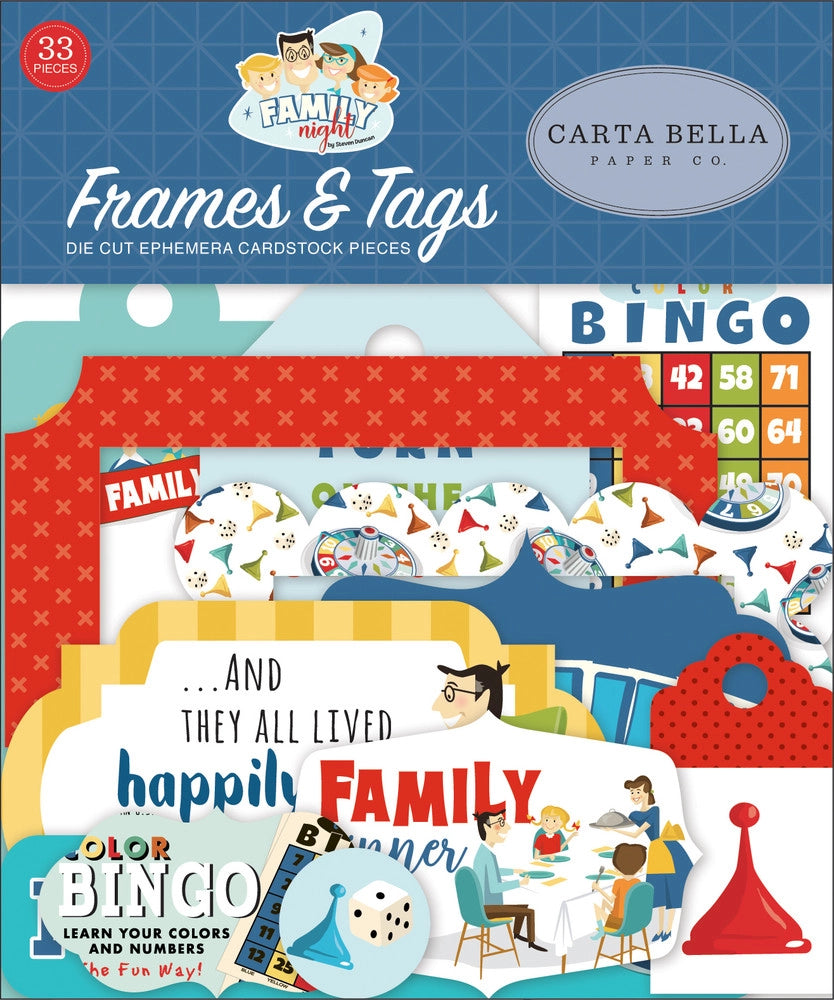 Family Night Frames & Tags Die Cut Cardstock Pack. Pack includes 33 different die-cut shapes ready to embellish any project. Package size is 4.5" x 5.25"