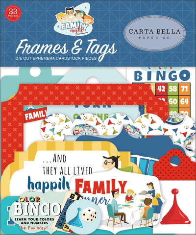 Family Night Frames & Tags Die Cut Cardstock Pack. Pack includes 33 different die-cut shapes ready to embellish any project. Package size is 4.5" x 5.25"
