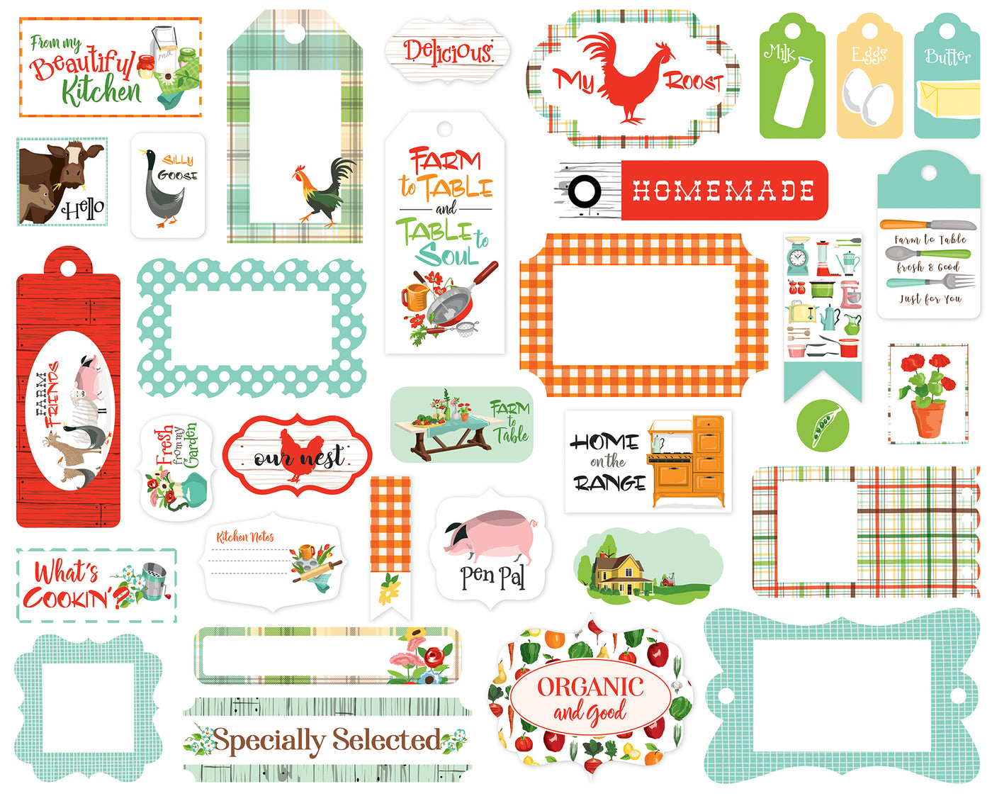 Farm to Table Ephemera Die Cut Cardstock Pack.  Pack includes 33 different die-cut shapes ready to embellish any project.
