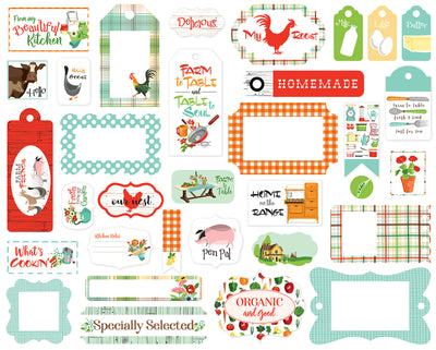 Farm to Table Ephemera Die Cut Cardstock Pack.  Pack includes 33 different die-cut shapes ready to embellish any project.