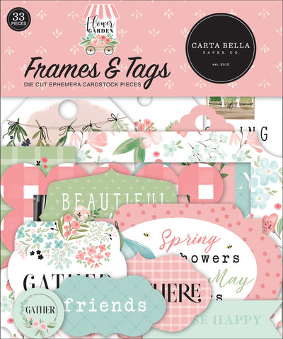 Flower Garden Frames & Tags Die Cut Cardstock Pack. Pack includes 33 different die-cut shapes ready to embellish any project. Package size is 4.5" x 5.25"
