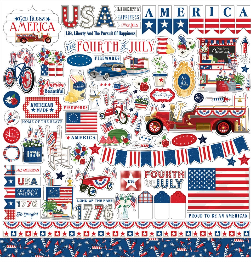 America Elements 12" x 12" Cardstock Stickers from the God Bless America Collection designed by Steven Duncan. The package includes one sheet of cardstock stickers with phrases and images of a fire engine, potted plants, decorated bicycles, a decorated wagon, the American flag, and more. 