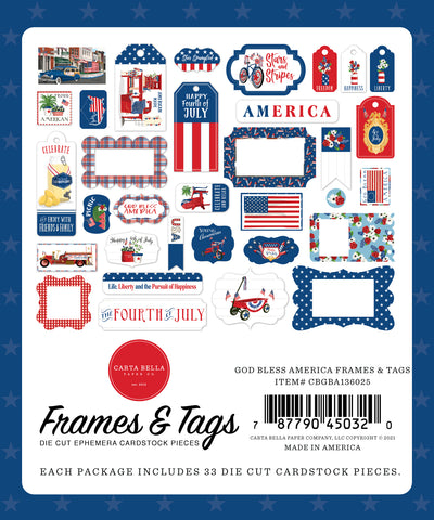 God Bless America Frames & Tags Die Cut Cardstock Pack.  Pack includes 33 different die-cut shapes ready to embellish any project.