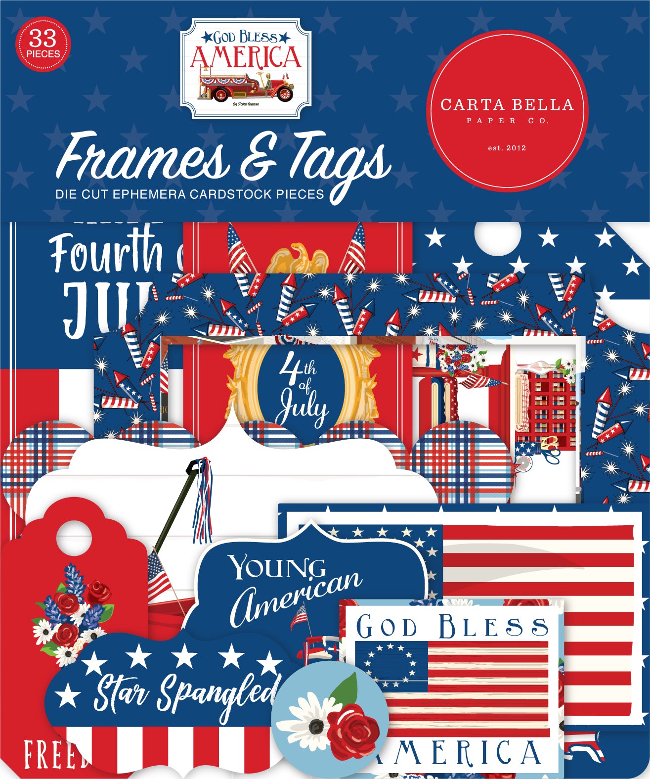 God Bless America Frames & Tags Die Cut Cardstock Pack.  Pack includes 33 different die-cut shapes ready to embellish any project.