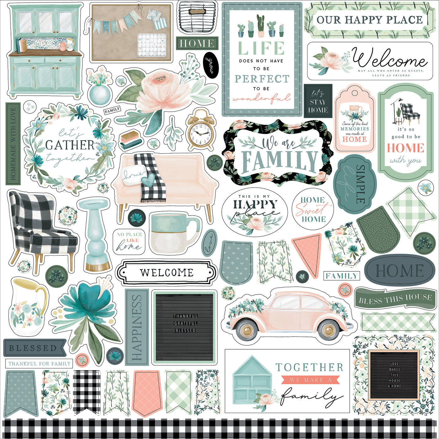 12" x 12" cardstock sticker sheet which has a black gingham border, lots of banners, frames, tags, a car, words and phrases used throughout the collection, flowers, a pitcher and many more images.