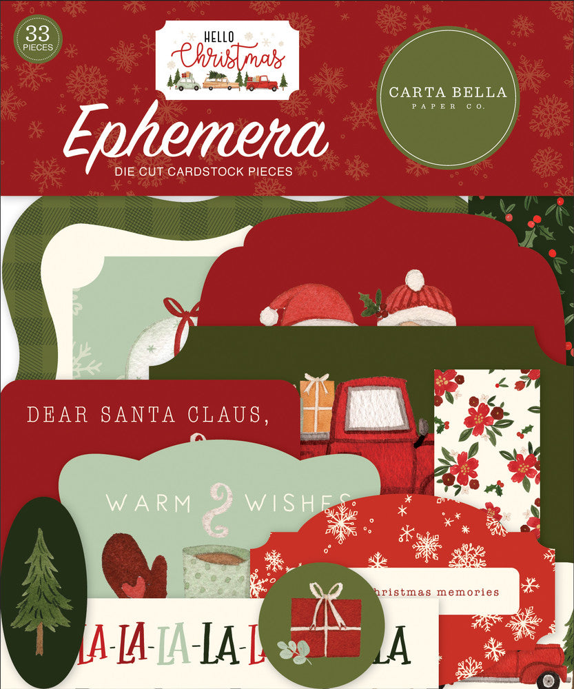Hello Christmas Ephemera Die Cut Cardstock Pack. Pack includes 33 different die-cut shapes ready to embellish any project. Package size is 4.5" x 5.25"