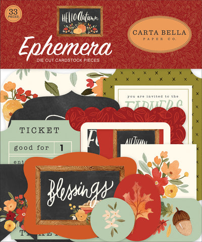 Hello Autumn Ephemera Die Cut Cardstock Pack. Pack includes 33 different die-cut shapes ready to embellish any project. Package size is 4.5" x 5.25"