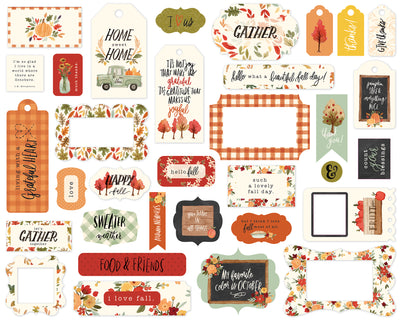 Hello Autumn Frames & Tags Die Cut Cardstock Pack.  Pack includes 33 different die-cut shapes ready to embellish any project.