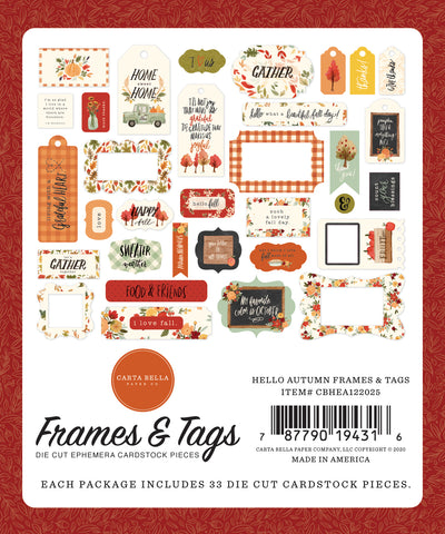 Hello Autumn Frames & Tags Die Cut Cardstock Pack.  Pack includes 33 different die-cut shapes ready to embellish any project.