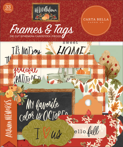 Hello Autumn Frames & Tags Die Cut Cardstock Pack.  Pack includes 33 different die-cut shapes ready to embellish any project.
