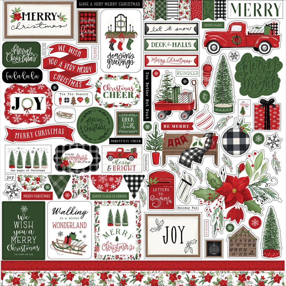 Christmas Elements 12" x 12" Cardstock Stickers from the Home for Christmas Collection. The package includes one sheet of cardstock stickers with phrases and images of ornaments, borders, snowflakes, stockings, a little red truck, and more. 