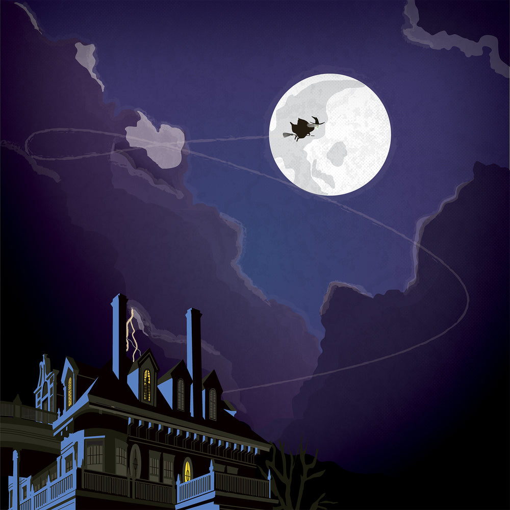 Halloween-themed 12x12 cardstock with scene of witch riding her broom across moonlit sky