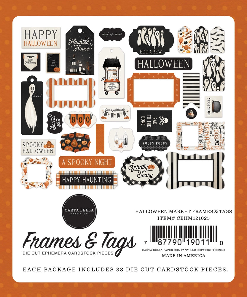 Halloween Market Frames & Tags Die Cut Cardstock Pack. Pack includes 33 different die-cut shapes ready to embellish any project. Package size is 4.5" x 5.25"