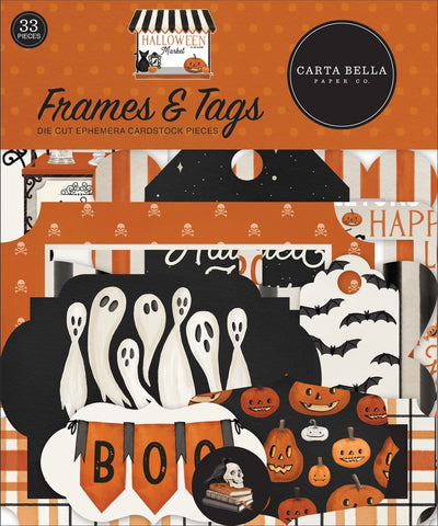 Halloween Market Frames & Tags Die Cut Cardstock Pack. Pack includes 33 different die-cut shapes ready to embellish any project. Package size is 4.5" x 5.25"