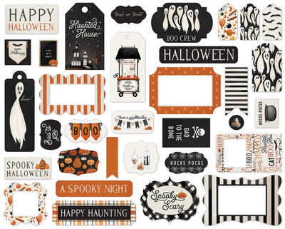 Halloween Market Frames & Tags Die Cut Cardstock Pack. Pack includes 33 different die-cut shapes ready to embellish any project. Package size is 4.5" x 5.25"