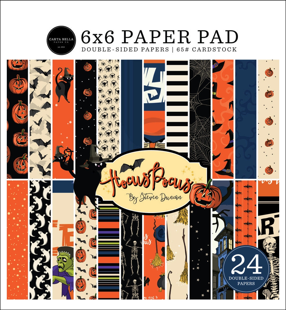 6x6 Hocus Pocus pad with 24 double-sided sheets, great for Halloween card making and other seasonal craft projects from Carta Bella.  