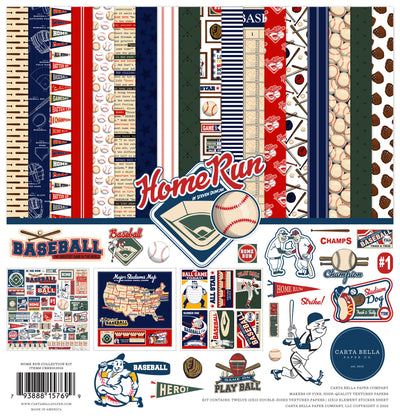 Twelve double-sided papers with a baseball theme. 12x12 inch textured cardstock, including Element Sticker Sheet, Carta Bella Paper Co.
