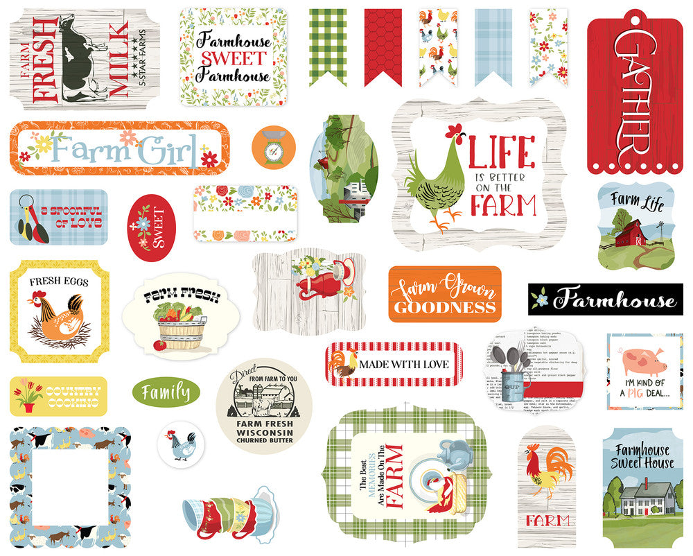 Farmhouse Living Ephemera Die Cut Cardstock Pack includes 33 different die-cut shapes ready to embellish any project.