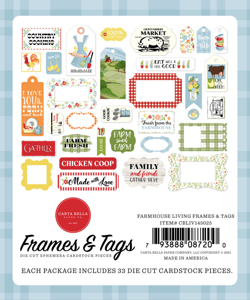 Farmhouse Living Frames & Tags Die Cut Cardstock Pack includes 33 different die-cut shapes ready to embellish any project.