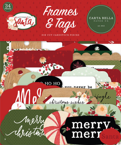 Letters to Santa Frames & Tags Die Cut Cardstock Pack. Pack includes 34 different die-cut shapes ready to embellish any project. Package size is 4.5" x 5.25"