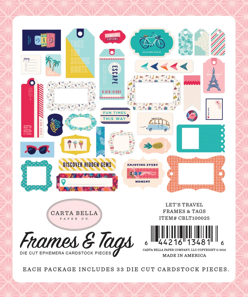Let's Travel Frames & Tags Ephemera Die Cut Cardstock Pack. Pack includes 33 different die-cut shapes ready to embellish any project. Package size is 4.5" x 5.25"