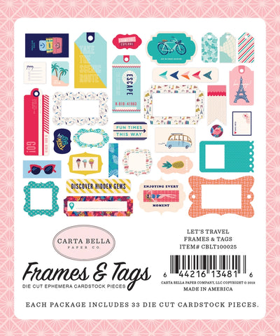 Let's Travel Frames & Tags Ephemera Die Cut Cardstock Pack. Pack includes 33 different die-cut shapes ready to embellish any project. Package size is 4.5" x 5.25"