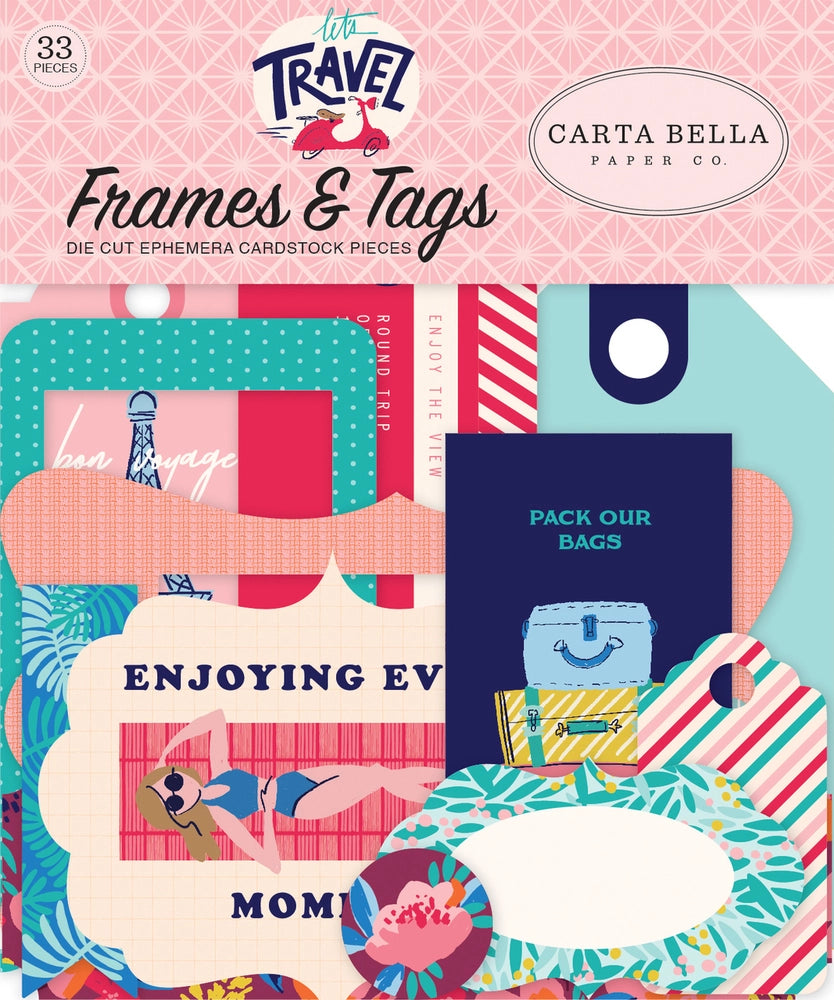 Let's Travel Frames & Tags Ephemera Die Cut Cardstock Pack. Pack includes 33 different die-cut shapes ready to embellish any project. Package size is 4.5" x 5.25"
