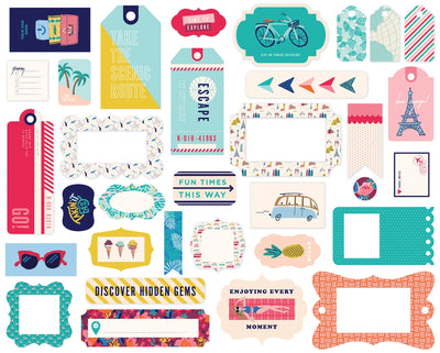 Let's Travel Frames & Tags Ephemera Die Cut Cardstock Pack. Pack includes 33 different die-cut shapes ready to embellish any project. Package size is 4.5" x 5.25"