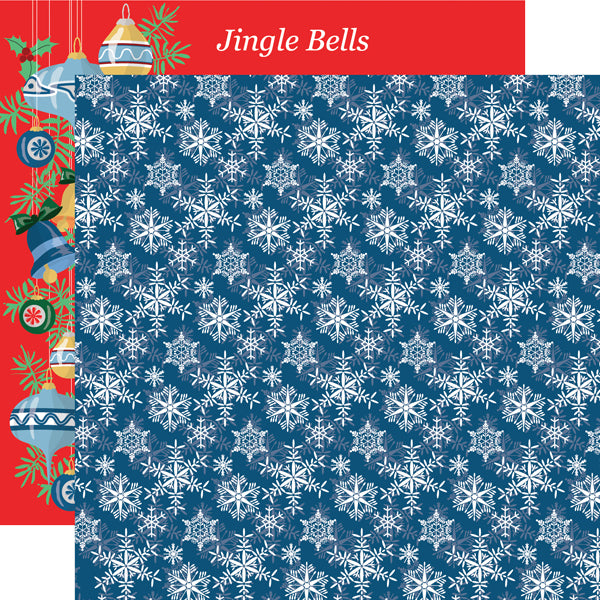 (Side A - large snowflakes on a blue background, Side B - jingle bells sheet music with ornaments down the left side on a red background)
