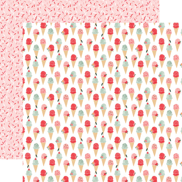 (pink, red, and mint green ice cream cones on a white background; pink, red, and white sprinkles on pink background reverse)