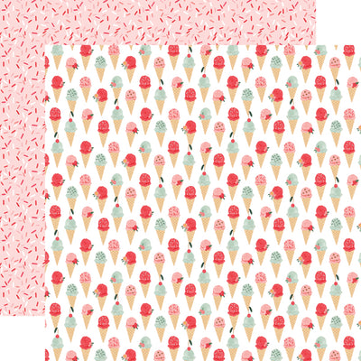 (pink, red, and mint green ice cream cones on a white background; pink, red, and white sprinkles on pink background reverse)