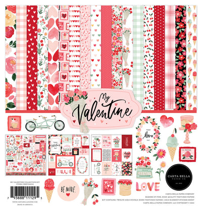 The My Valentine Collection Kit from Carta Bella Paper is designed for Valentine's day and more. Beautiful watercolors with many heart images in pink, red, and white palettes.