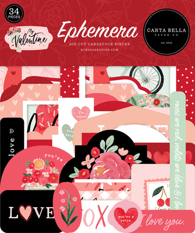 My Valentine Ephemera Die Cut Cardstock Pack. Pack includes 34 different die-cut shapes ready to embellish any project. Package size is 4.5" x 5.25"