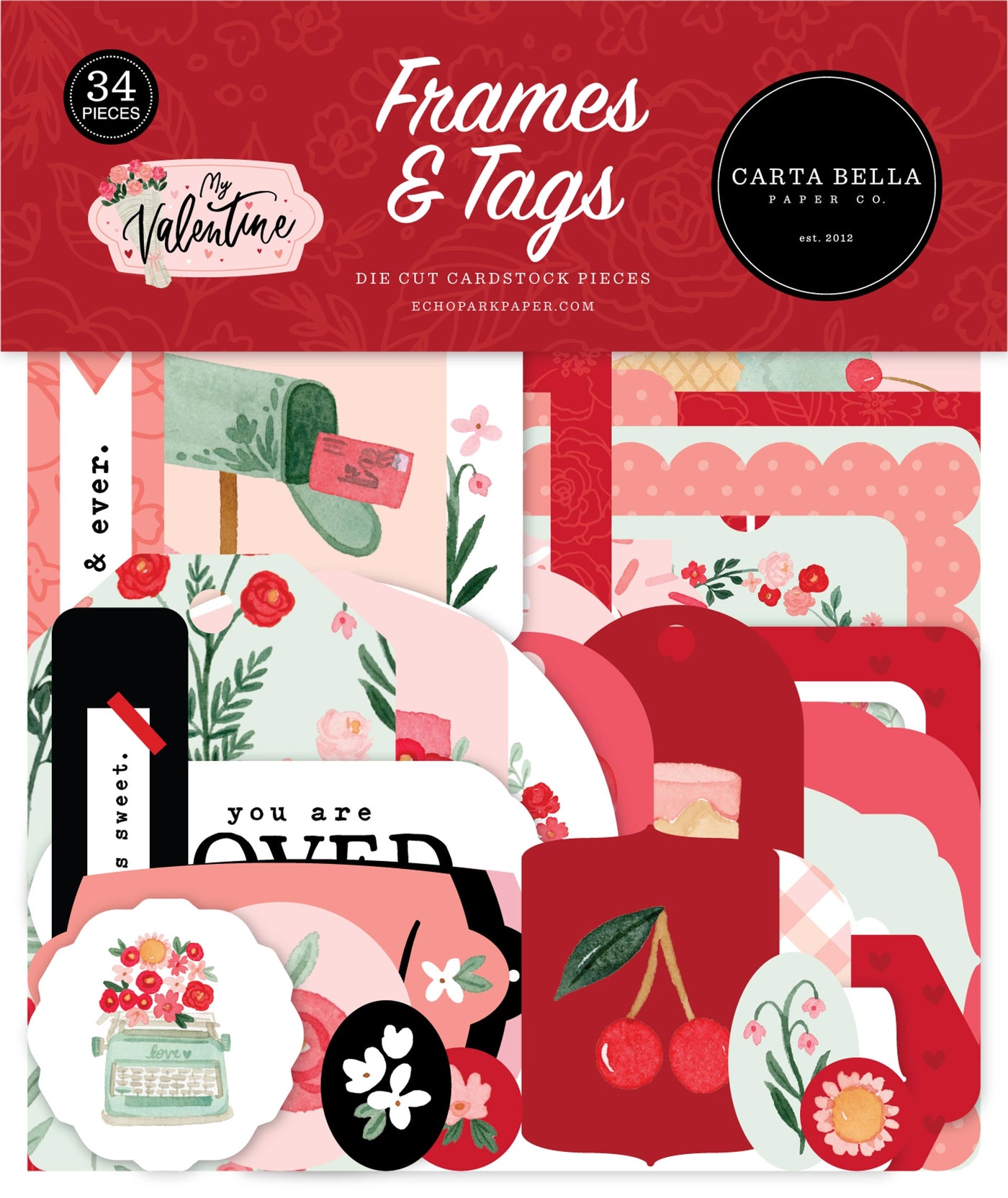 My Valentine Frames & Tags Die Cut Cardstock Pack. Pack includes 34 different die-cut shapes ready to embellish any project. Package size is 4.5" x 5.25"
