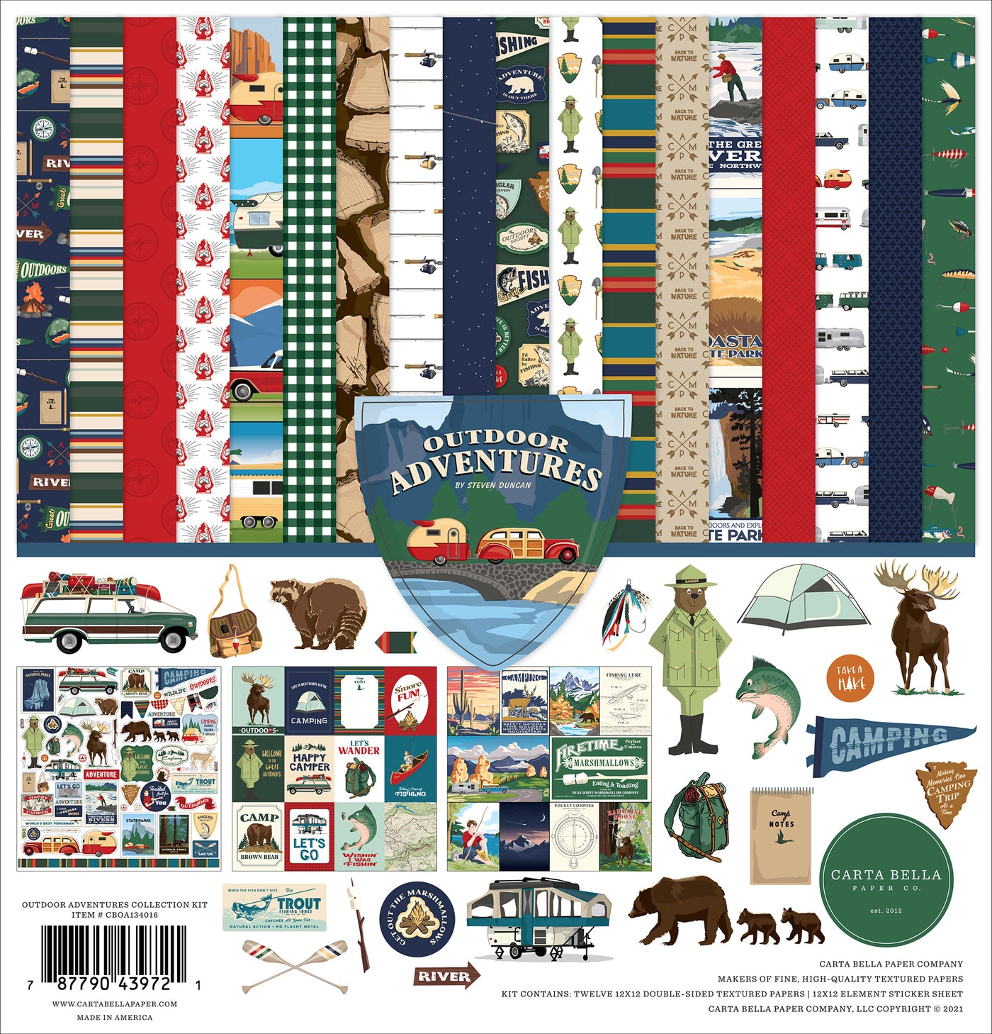 Twelve double-sided papers with camping and outdoor exploring themes. 12x12 inch textured cardstock; includes an element sticker sheet.